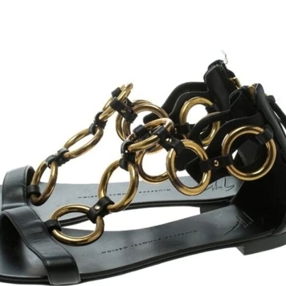Giuseppe Zanotti Gold Chain Leather flat sandals - Picture 4 of 12
